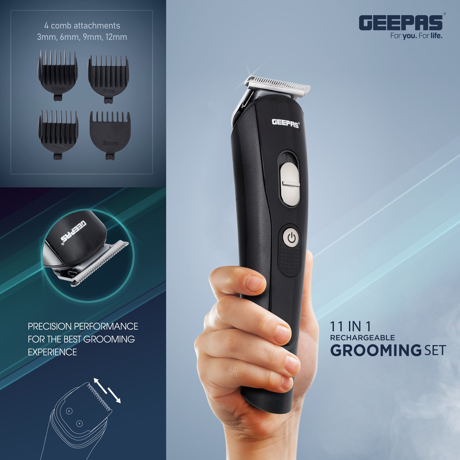 Geepas 11-in-1 Rechargeable Grooming Set- GTR8612N|  5 Interchangeable Heads and 4 Comb Attachments| LED Display with Battery Capacity Indicator| Works 60 Minutes