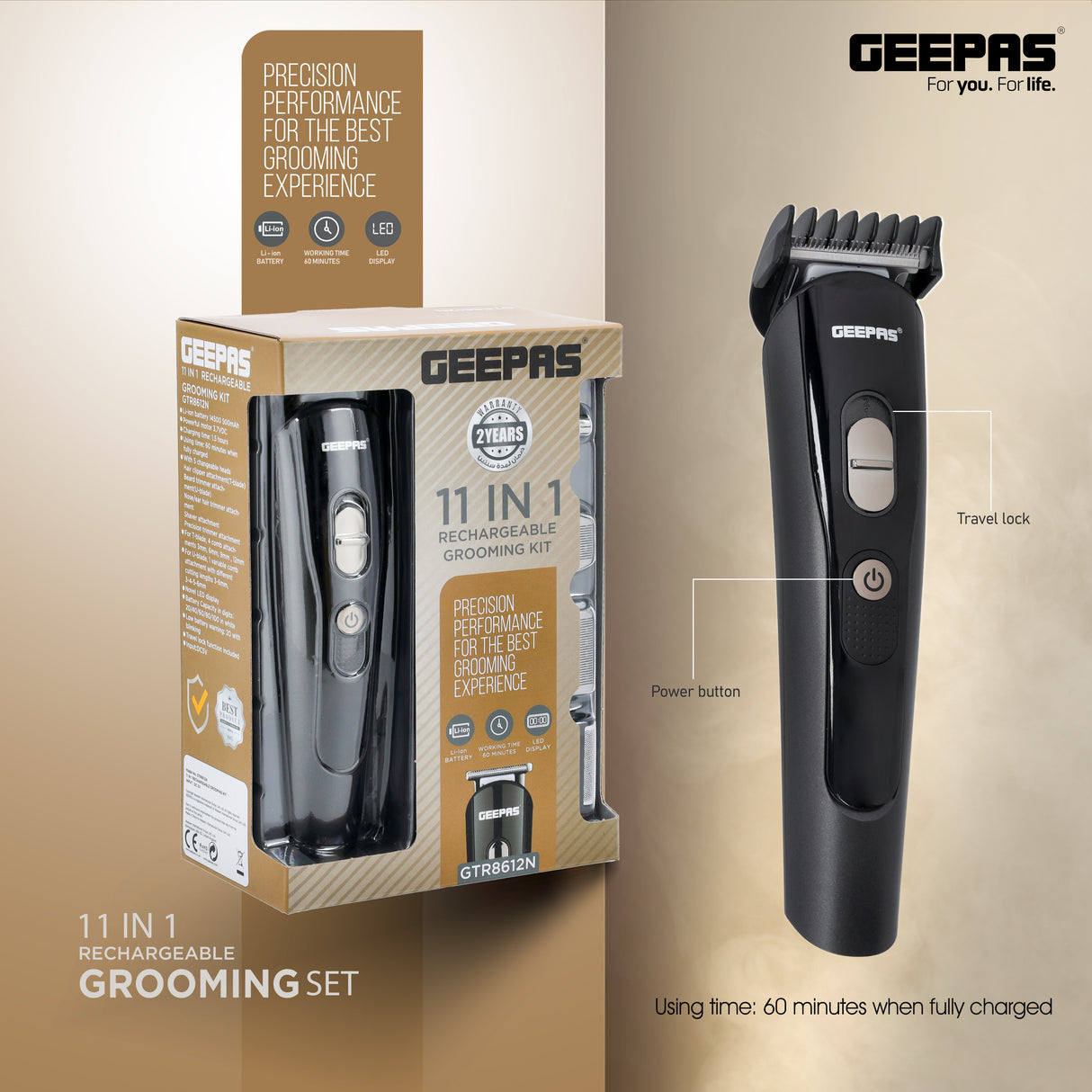 Geepas 11-in-1 Rechargeable Grooming Set- GTR8612N|  5 Interchangeable Heads and 4 Comb Attachments| LED Display with Battery Capacity Indicator| Works 60 Minutes