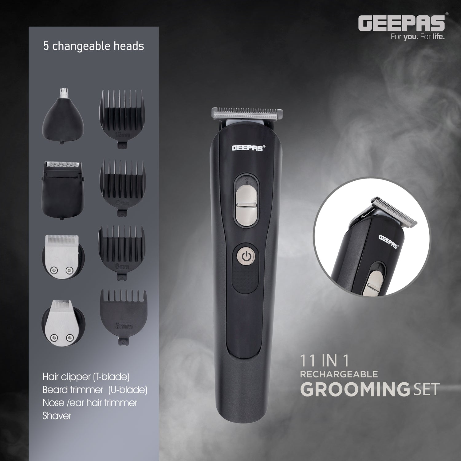 Geepas 11-in-1 Rechargeable Grooming Set- GTR8612N|  5 Interchangeable Heads and 4 Comb Attachments| LED Display with Battery Capacity Indicator| Works 60 Minutes