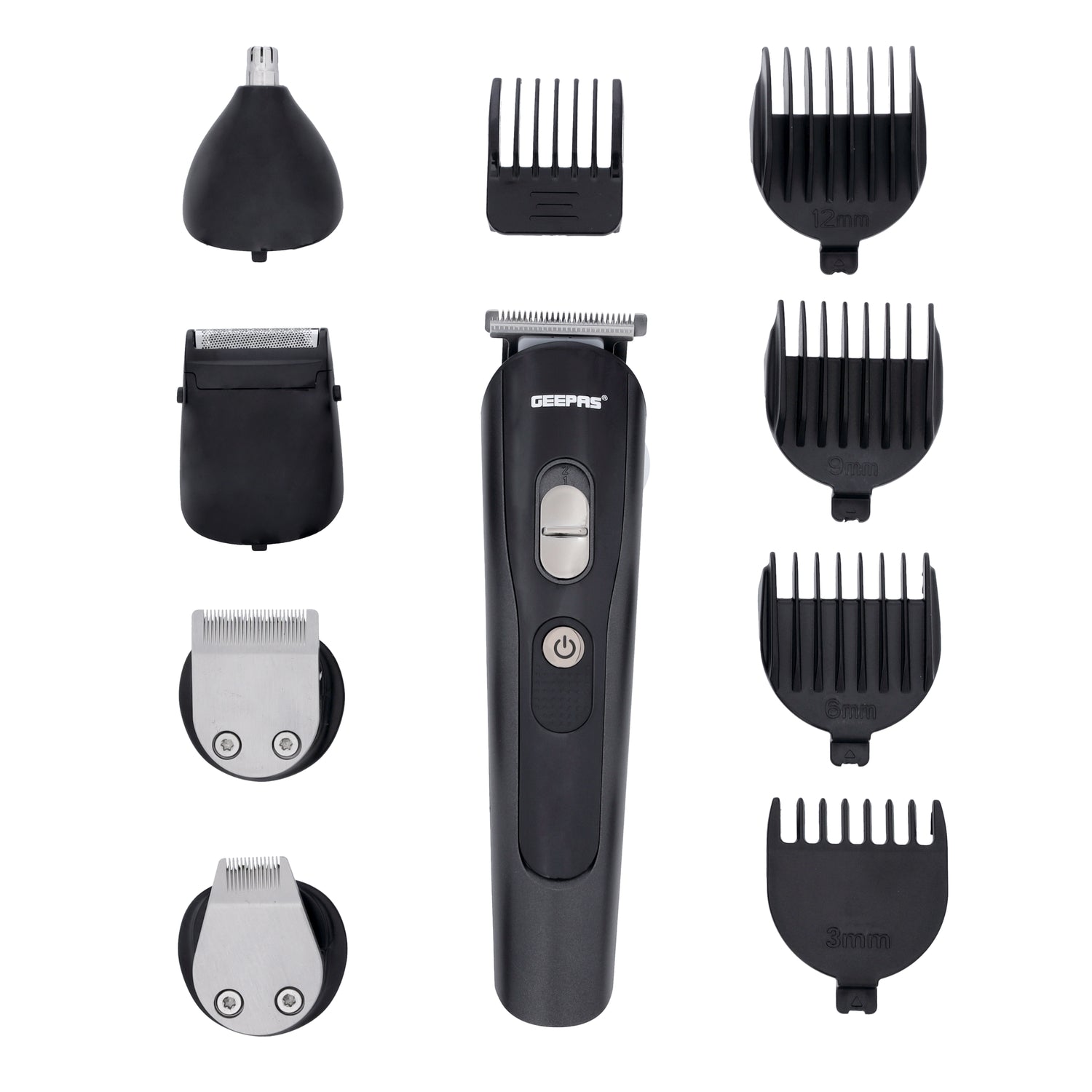 Geepas 11-in-1 Rechargeable Grooming Set- GTR8612N|  5 Interchangeable Heads and 4 Comb Attachments| LED Display with Battery Capacity Indicator| Works 60 Minutes
