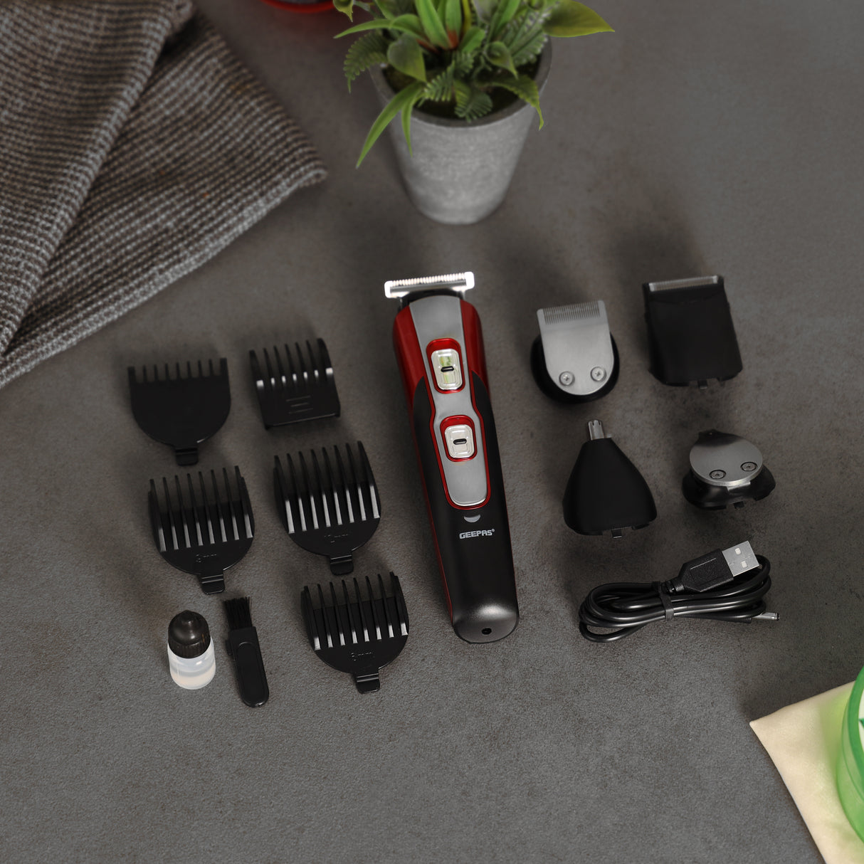 Geepas 11-in-1 Rechargeable Grooming Set- GTR8724/ with 5 Interchangeable Heads and 4 Comb Attachments, Stainless Steel Blades, Perfect for Home and Professional Styling