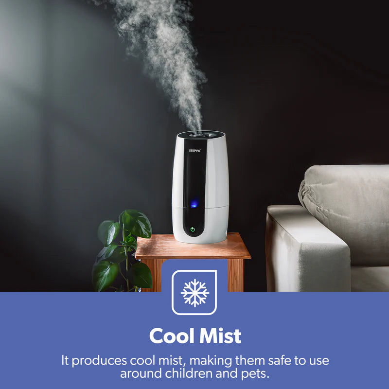 Geepas Ultrasonic Humidifier- GUH63072UK/ 2.6 L Water Tank, Touch Panel Control/ Cool Mist Operation, 360° Rotatable Nozzle/ Multiple Functions/ 2 Years Warranty, White