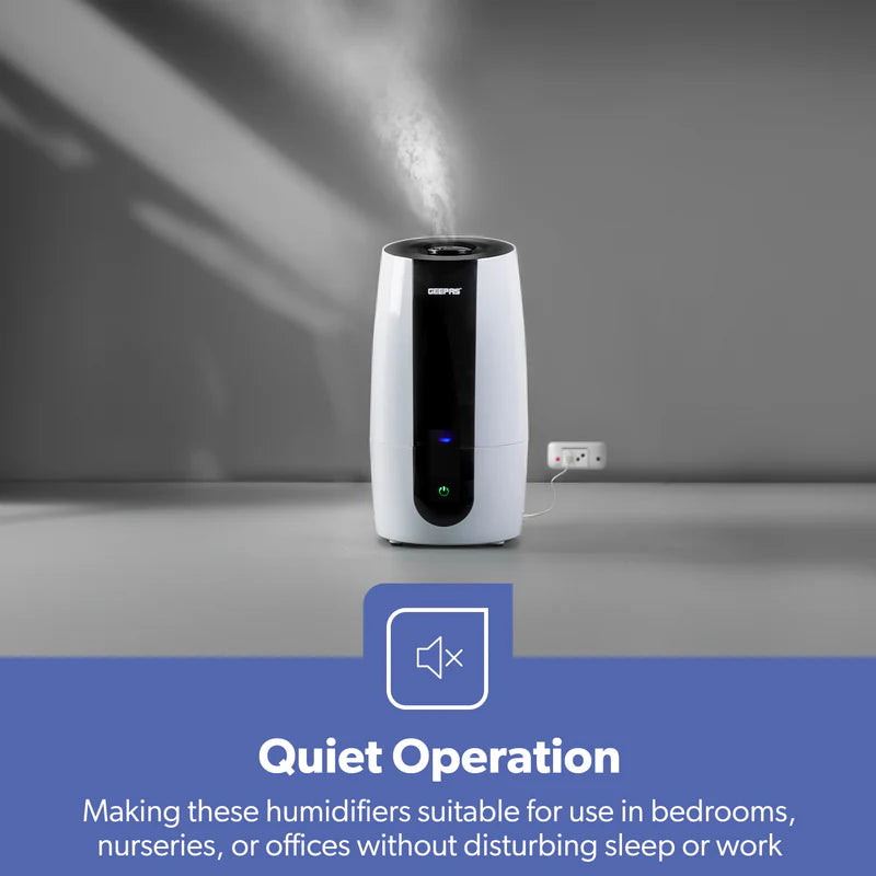 Geepas Ultrasonic Humidifier- GUH63072UK/ 2.6 L Water Tank, Touch Panel Control/ Cool Mist Operation, 360° Rotatable Nozzle/ Multiple Functions/ 2 Years Warranty, White