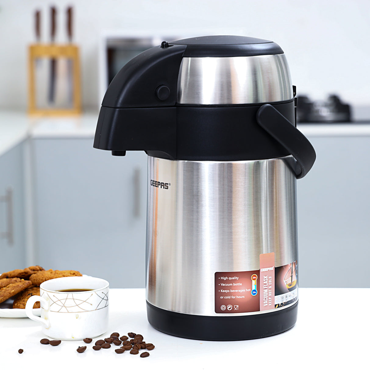 Geepas GVF5262  Vacuum Flask | 2.5 L Capacity| Stainless Steel Double Wall Insulated Hot & Cold Thermos | Leak-Proof Design | Ideal for Travel, Office & Outdoor Use