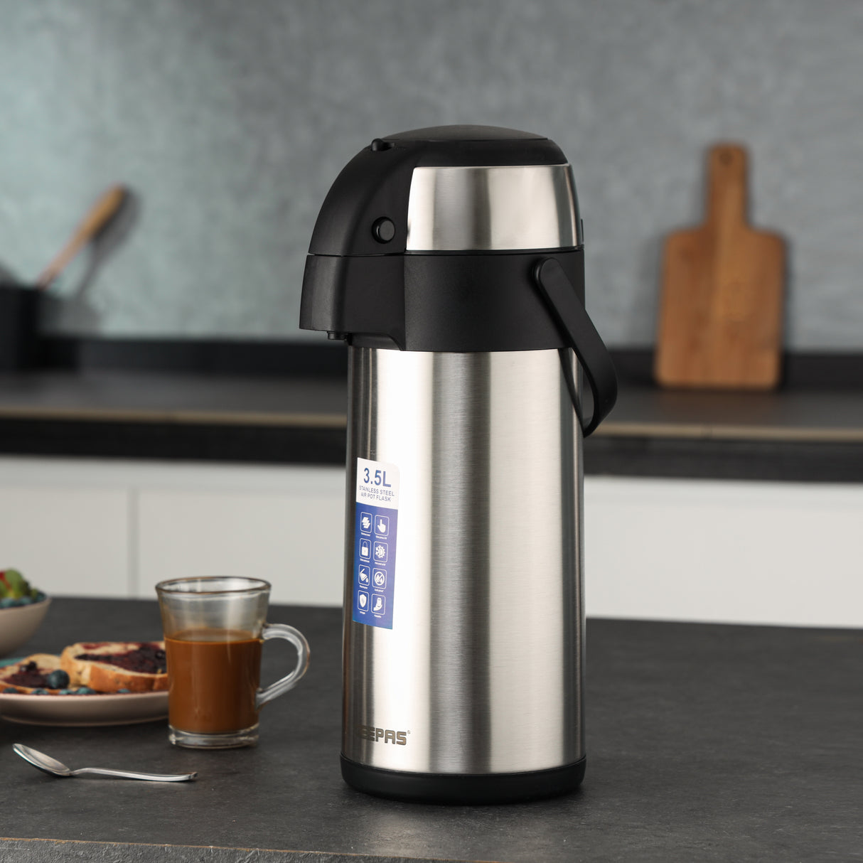 Geepas Stainless Steel Air Pot Flask, 3.5L Vacuum Flask, GVF5263 | Hot/Cold up to 24Hrs | Double-Walled Vacuum Flask for Coffee, Hot Water, Tea & More