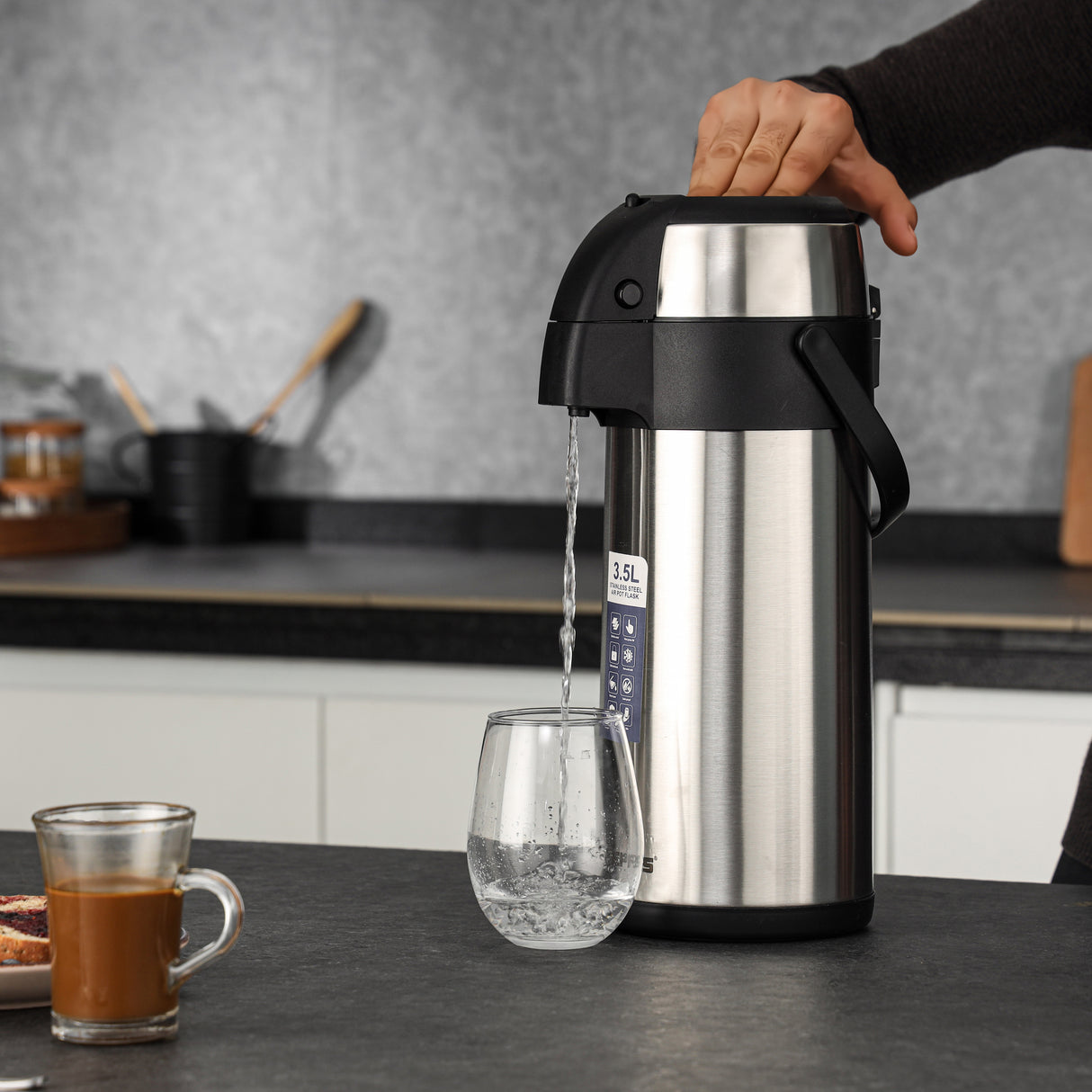 Geepas Stainless Steel Air Pot Flask, 3.5L Vacuum Flask, GVF5263 | Hot/Cold up to 24Hrs | Double-Walled Vacuum Flask for Coffee, Hot Water, Tea & More