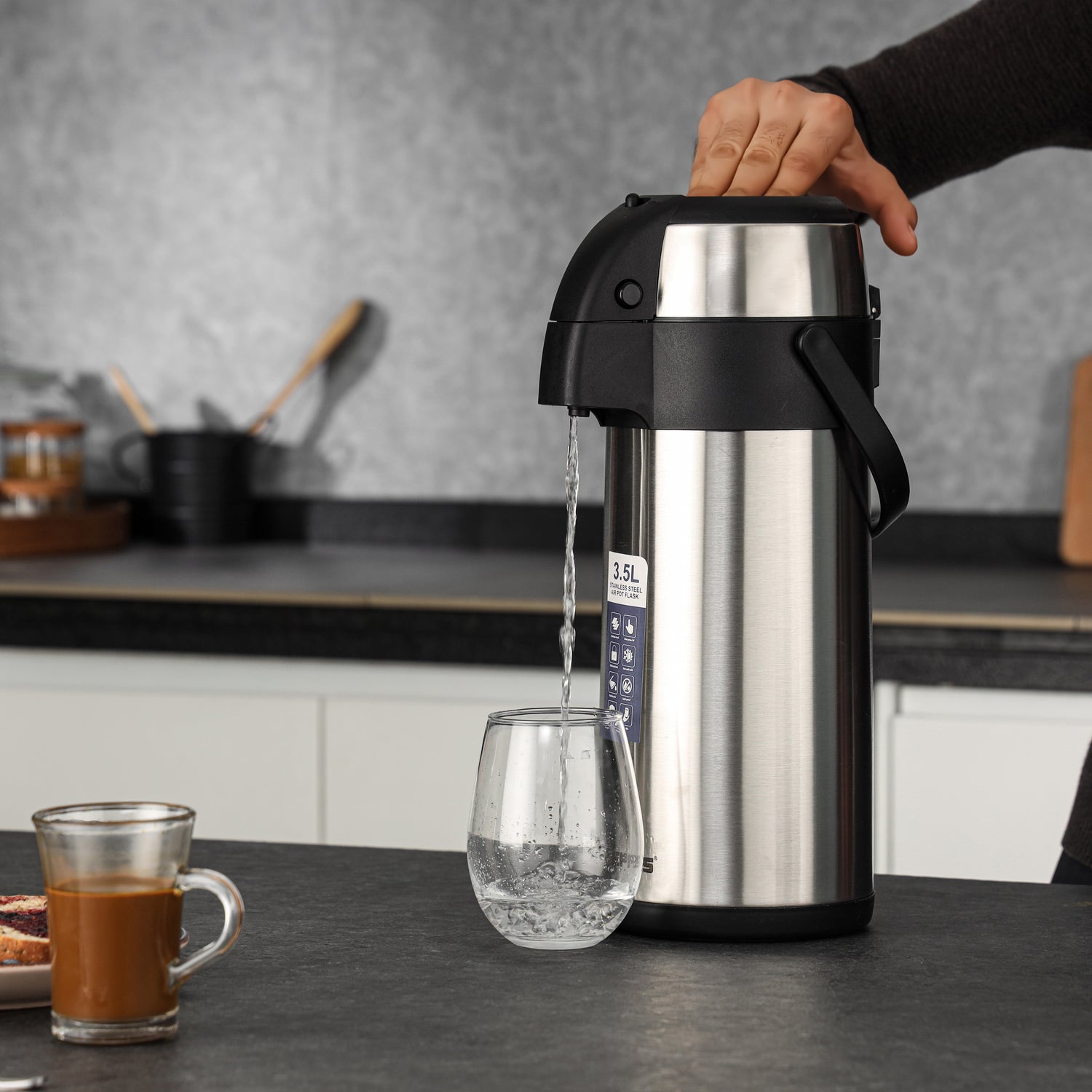 Geepas Stainless Steel Air Pot Flask, 3.5L Vacuum Flask, GVF5263 | Hot/Cold up to 24Hrs | Double-Walled Vacuum Flask for Coffee, Hot Water, Tea & More