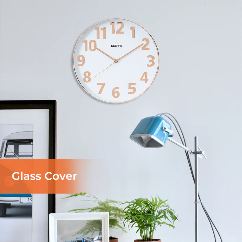Geepas GWC26013 Wall Clock | Stylish 3D Rose Gold Dial with Glass Cover| Electronic Plating Effect| Precise Timekeeping | 2-Year Warranty | Ideal for Home & Office