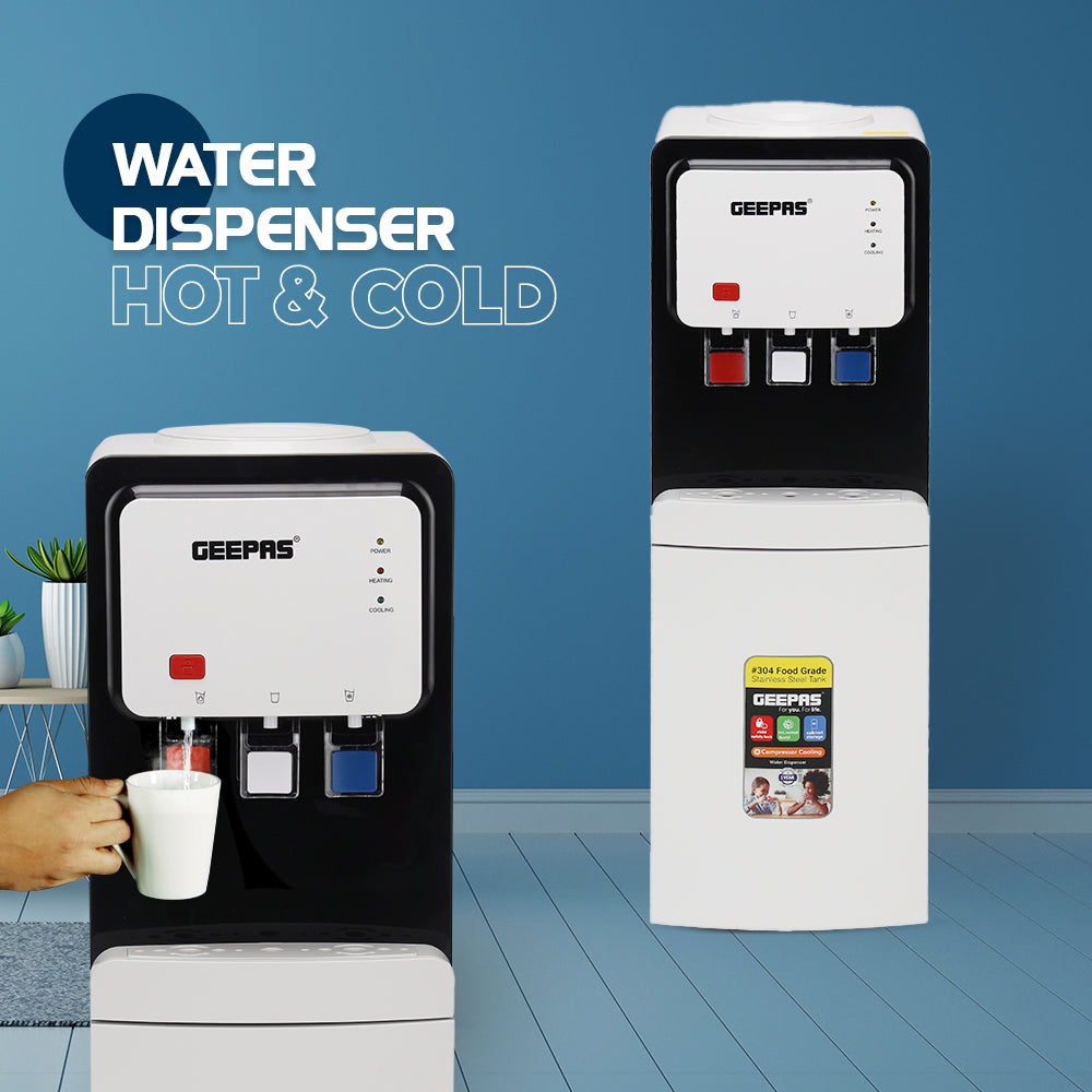 Geepas Water Dispenser- GWD17019| Compressor Cooling, Fast Cooling And 3 Taps, Normal, Hot And Cold, Perfect For Home And Office| White, 1 Year Warranty