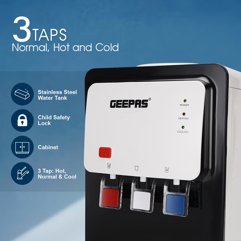 Geepas Water Dispenser- GWD17019| Compressor Cooling, Fast Cooling And 3 Taps, Normal, Hot And Cold, Perfect For Home And Office| White, 1 Year Warranty