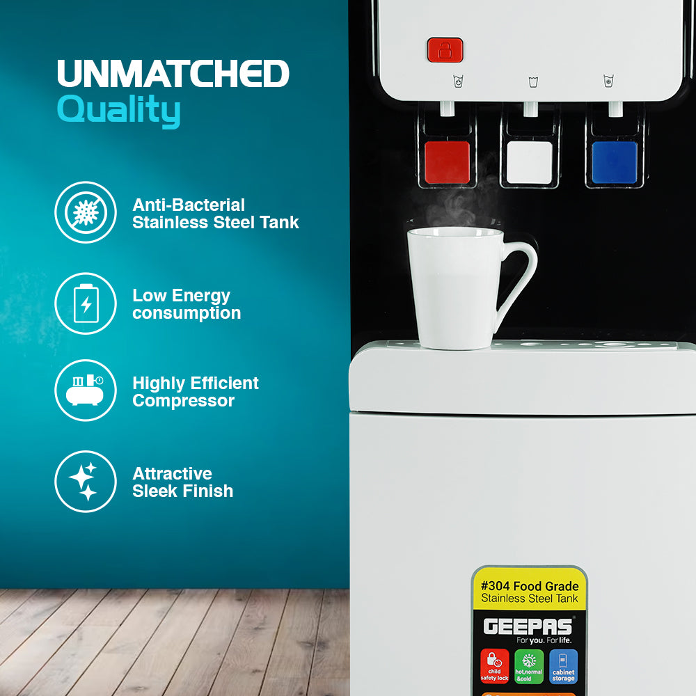 Geepas Water Dispenser- GWD17019| Compressor Cooling, Fast Cooling And 3 Taps, Normal, Hot And Cold, Perfect For Home And Office| White, 1 Year Warranty