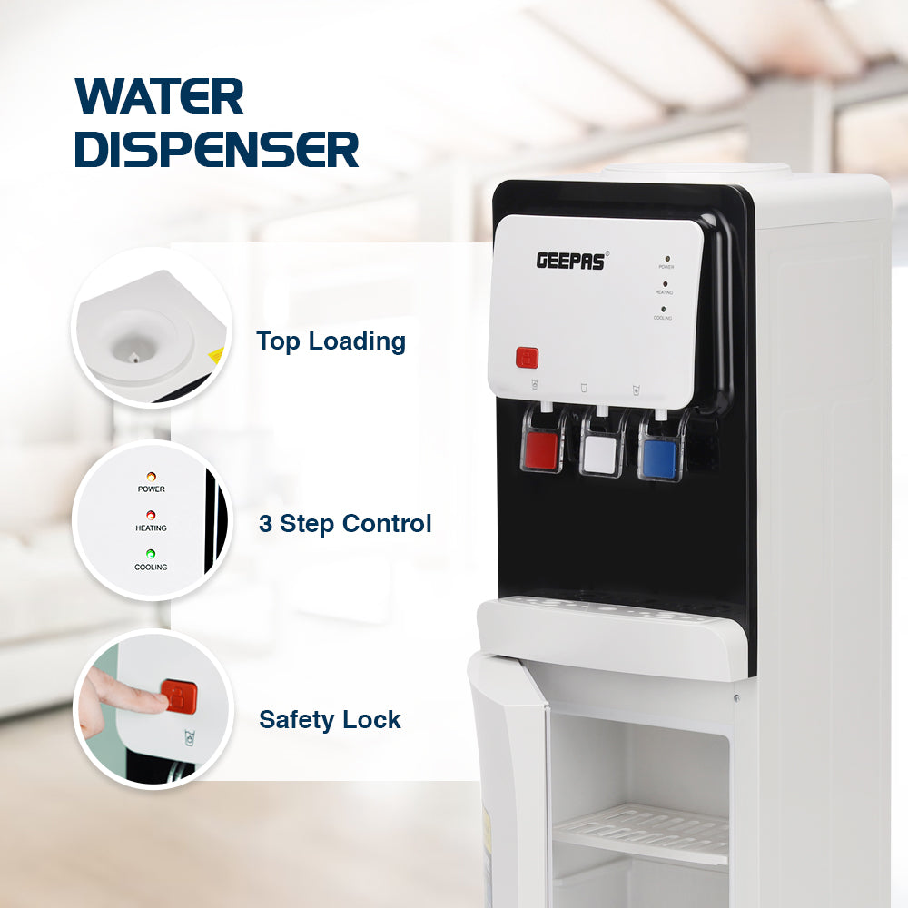 Geepas Water Dispenser- GWD17019| Compressor Cooling, Fast Cooling And 3 Taps, Normal, Hot And Cold, Perfect For Home And Office| White, 1 Year Warranty