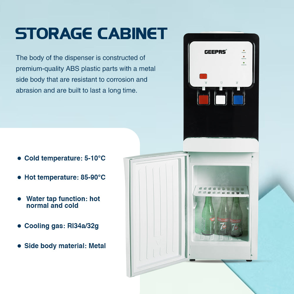 Geepas Water Dispenser- GWD17019| Compressor Cooling, Fast Cooling And 3 Taps, Normal, Hot And Cold, Perfect For Home And Office| White, 1 Year Warranty