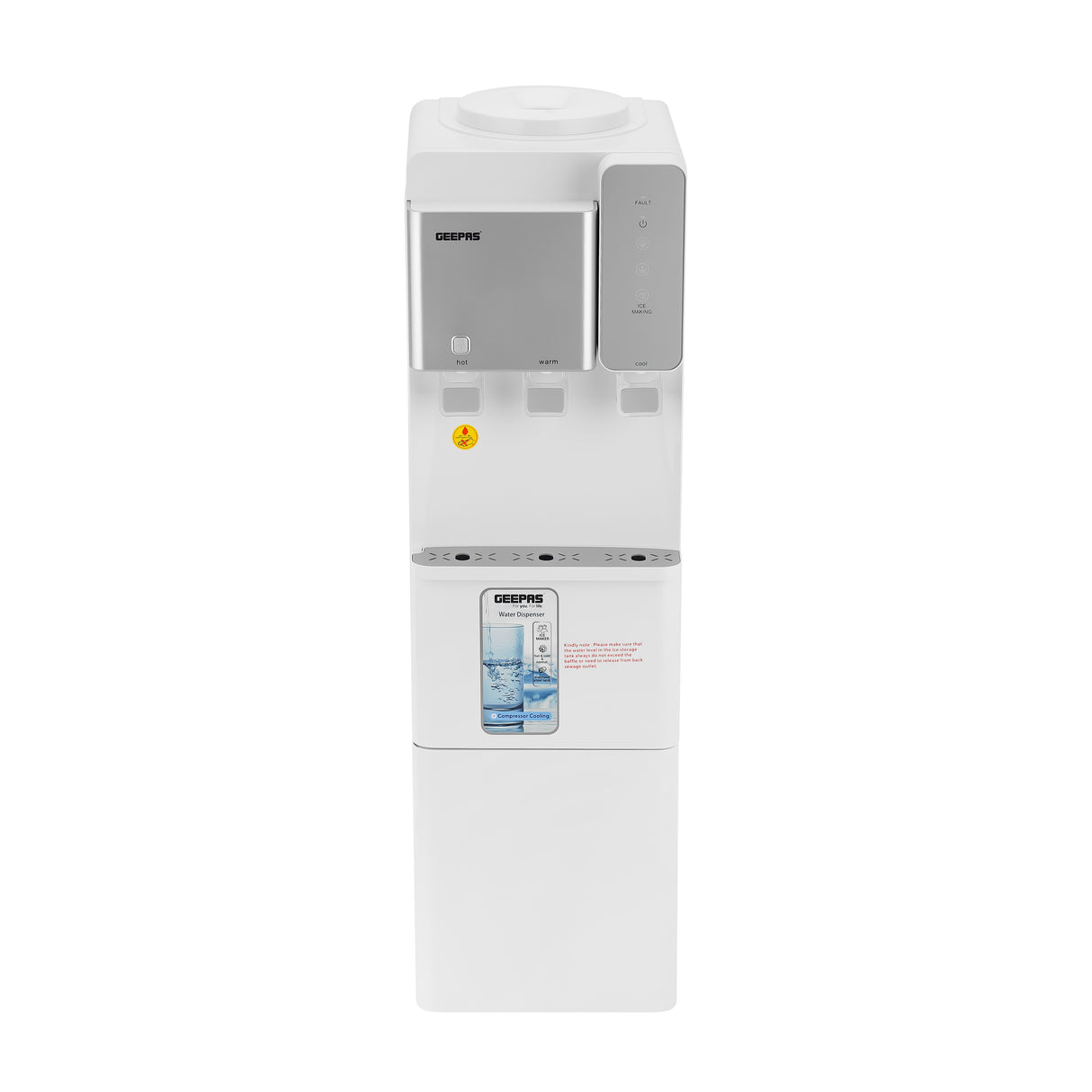 Geepas Water Dispenser with Ice Maker- GWD17027/ Normal, Hot and Cold Function, and 3 Touch Control Panel, Fast Cooling, Low Noise/ Capacity: 13 kg/24 h, Perfect for Home, Kitchen, Apartments, Restaurants, Office, Etc./ White, 2 Year Warranty