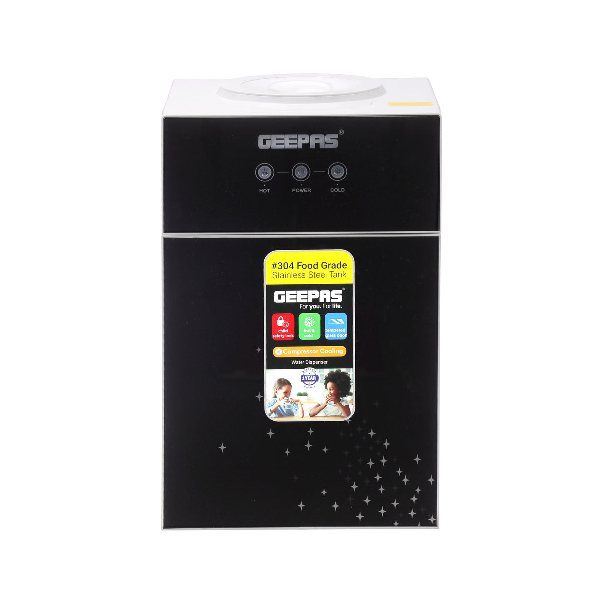 Geepas Hot And Cold Water Dispenser- GWD17033| Stainless Steel Water Tank With Fast Cooling And 2 Taps, Hot And Cold| Cold Temperature: 5-10 Degrees Celsius, Black