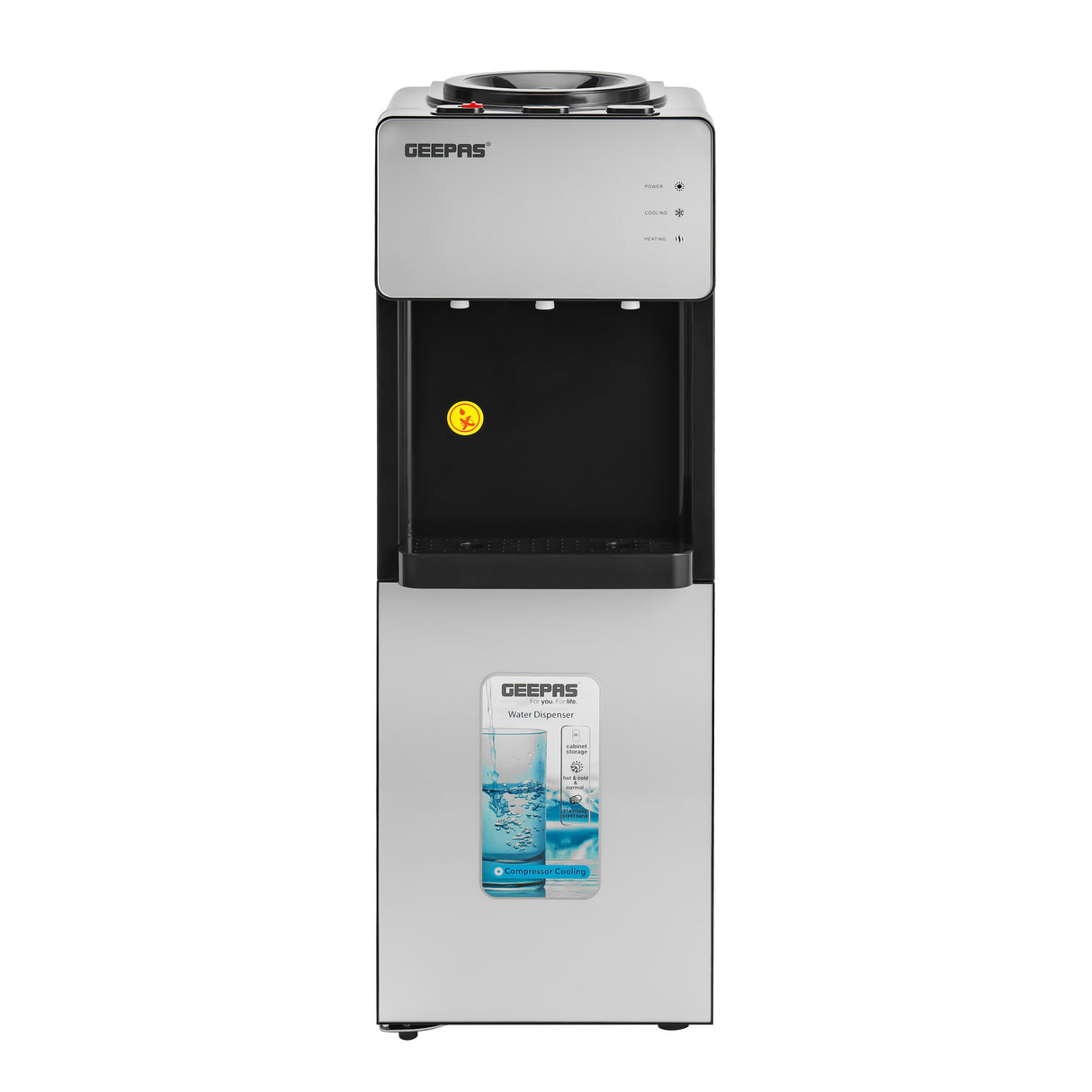 Geepas Water Dispenser with Cabinet- GWD17039| Normal, Hot and Cold Function, And 3 Taps| Cold Temperature: 4-12 Degrees Celsius; Hot Temperature: 85-95 Degrees Celsius