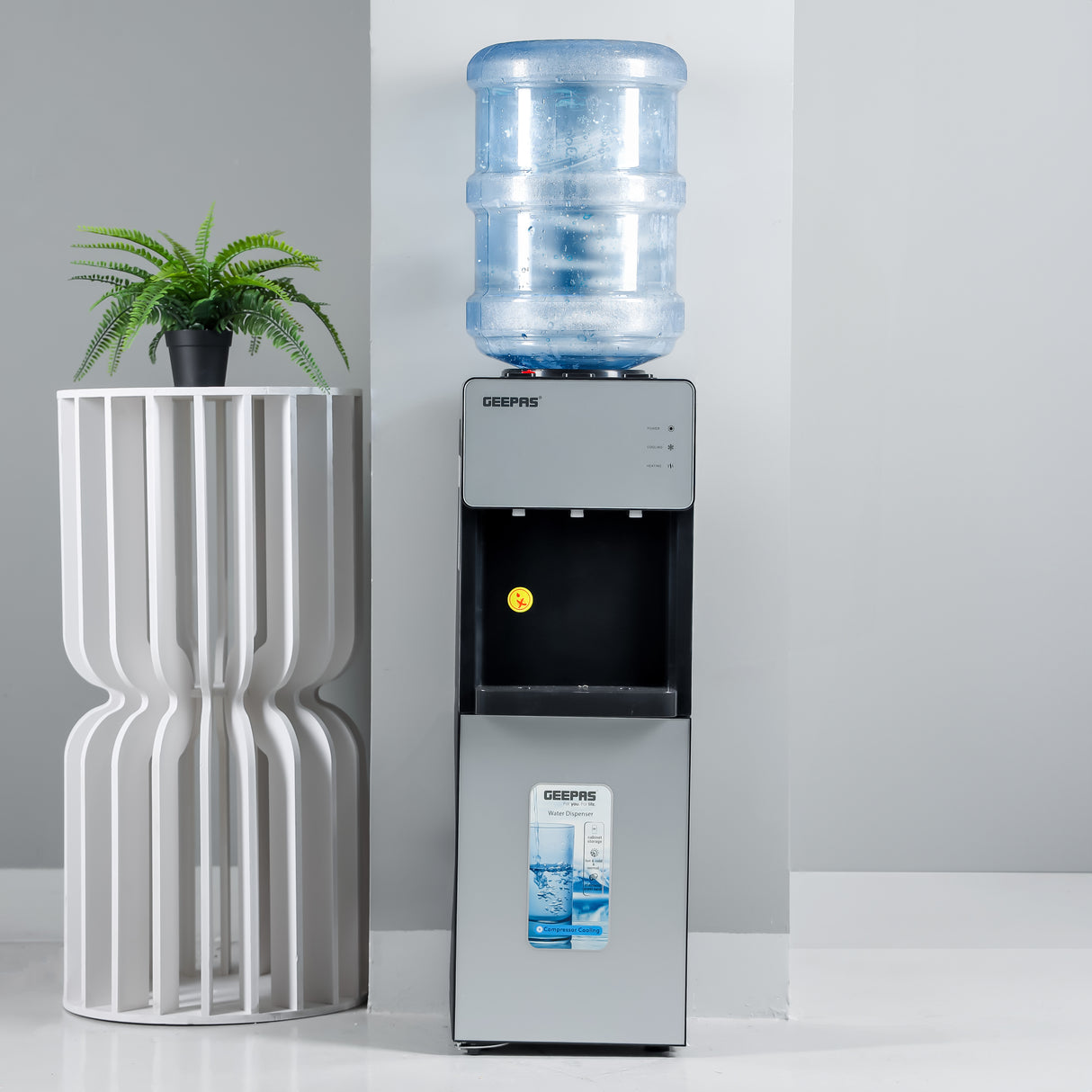 Geepas Water Dispenser with Cabinet- GWD17039| Normal, Hot and Cold Function, And 3 Taps| Cold Temperature: 4-12 Degrees Celsius; Hot Temperature: 85-95 Degrees Celsius