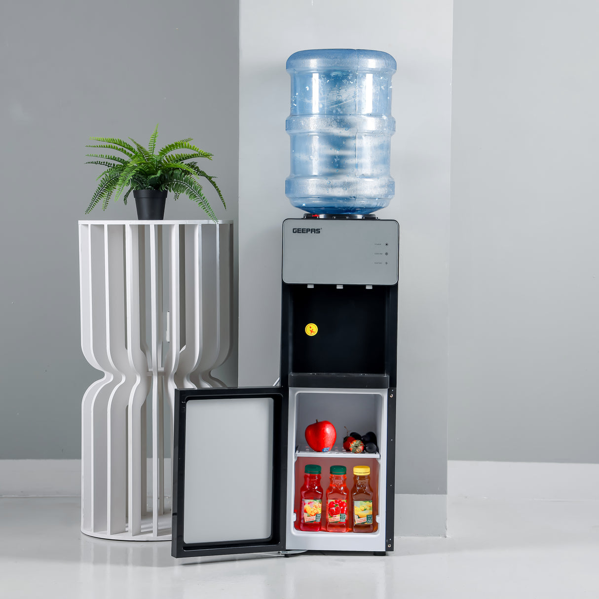Geepas Water Dispenser with Cabinet- GWD17039| Normal, Hot and Cold Function, And 3 Taps| Cold Temperature: 4-12 Degrees Celsius; Hot Temperature: 85-95 Degrees Celsius