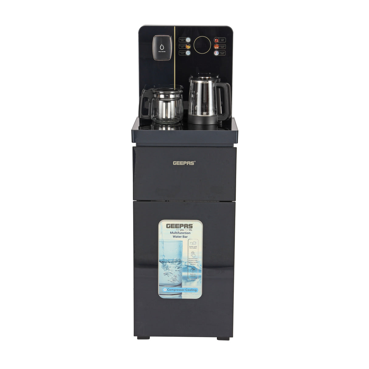 Geepas GWD17041 Multifunction Water Bar with touchscreen display, stainless steel tank, hot & cold water, integrated tea maker, and bottom-loading design. Ideal for home or office