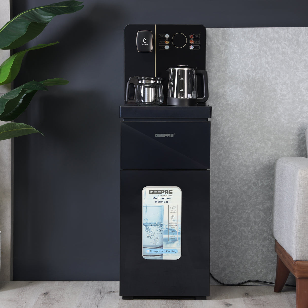 Geepas GWD17041 Multifunction Water Bar with touchscreen display, stainless steel tank, hot & cold water, integrated tea maker, and bottom-loading design. Ideal for home or office