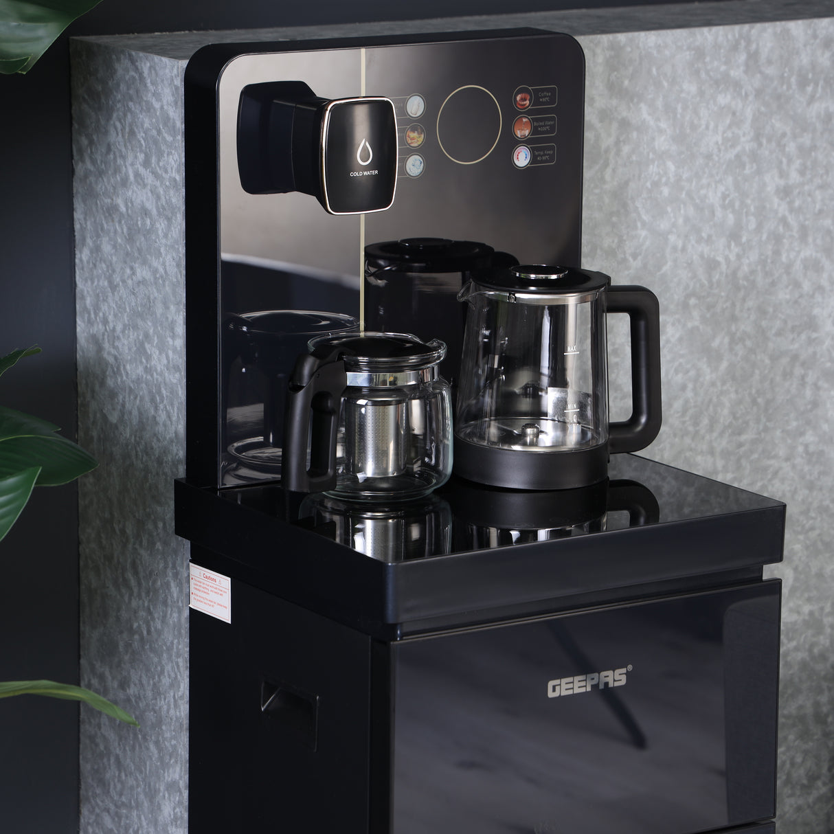 Geepas GWD17041 Multifunction Water Bar with touchscreen display, stainless steel tank, hot & cold water, integrated tea maker, and bottom-loading design. Ideal for home or office