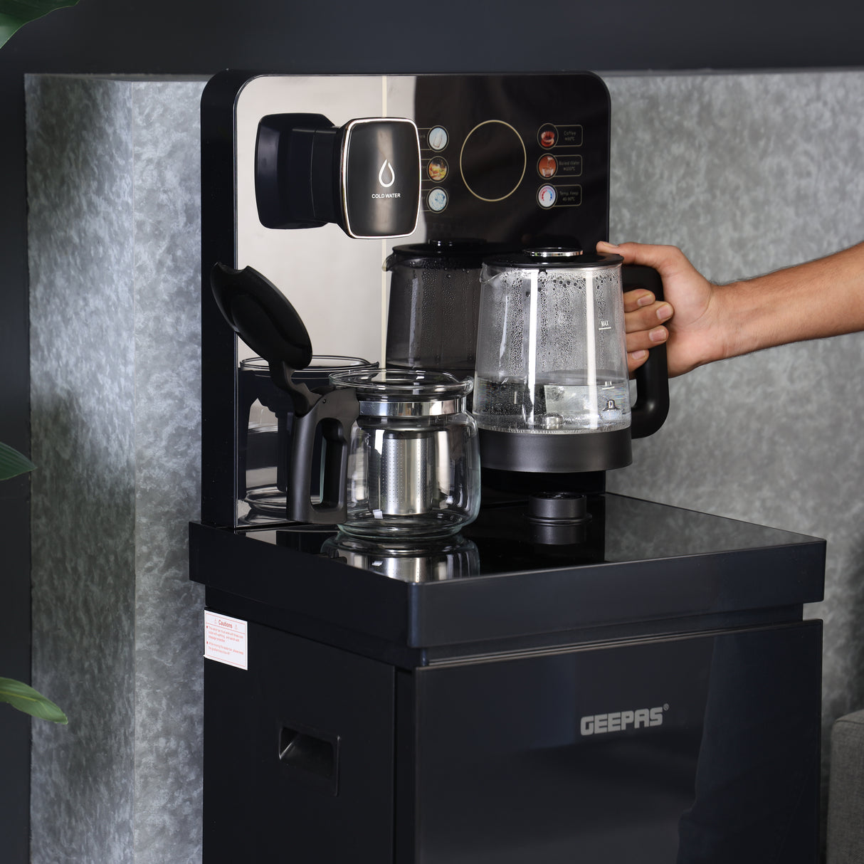 Geepas GWD17041 Multifunction Water Bar with touchscreen display, stainless steel tank, hot & cold water, integrated tea maker, and bottom-loading design. Ideal for home or office