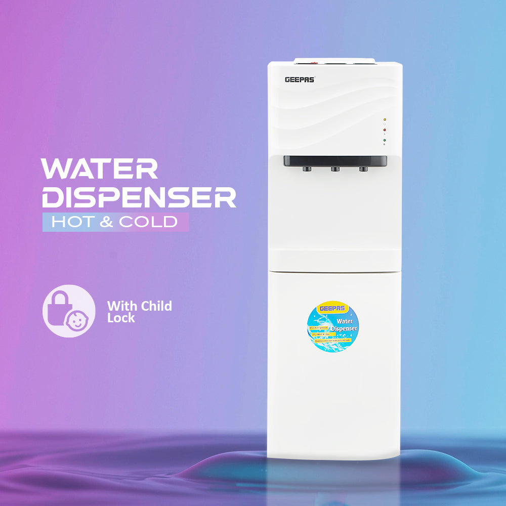 Geepas Water Dispenser - Hot & Cold Water Dispenser - Stainless Steel Tank, Compressor Cooling System, Child Lock - 3 Tap -  2 In 1 Water Dispenser - 1L Hot and 2.8L Cold Water Capacity