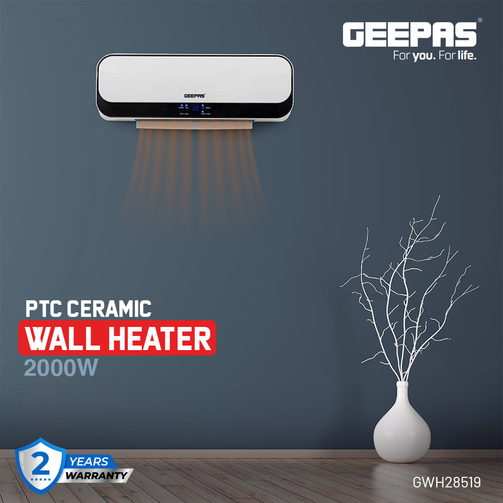 Geepas PTC Ceramic Wall Heater GWH28519 with 2000W power, 2 heat settings, remote control, LED display, 8-hour timer, and overheat protection for safe and efficient heating.