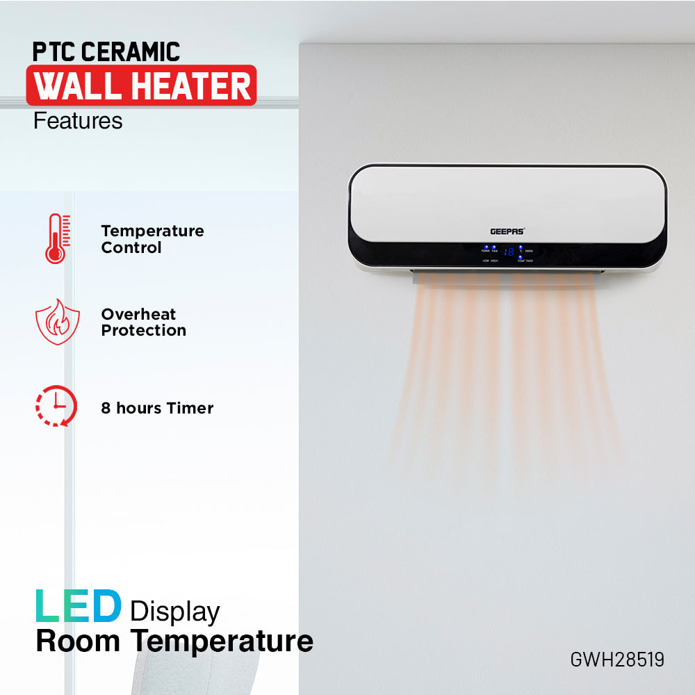 Geepas PTC Ceramic Wall Heater GWH28519 with 2000W power, 2 heat settings, remote control, LED display, 8-hour timer, and overheat protection for safe and efficient heating.