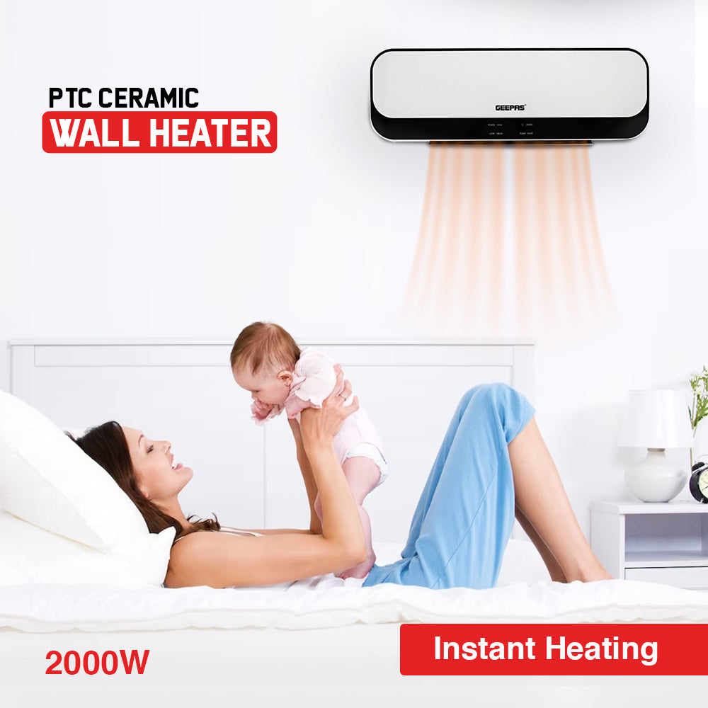 Geepas PTC Ceramic Wall Heater GWH28519 with 2000W power, 2 heat settings, remote control, LED display, 8-hour timer, and overheat protection for safe and efficient heating.