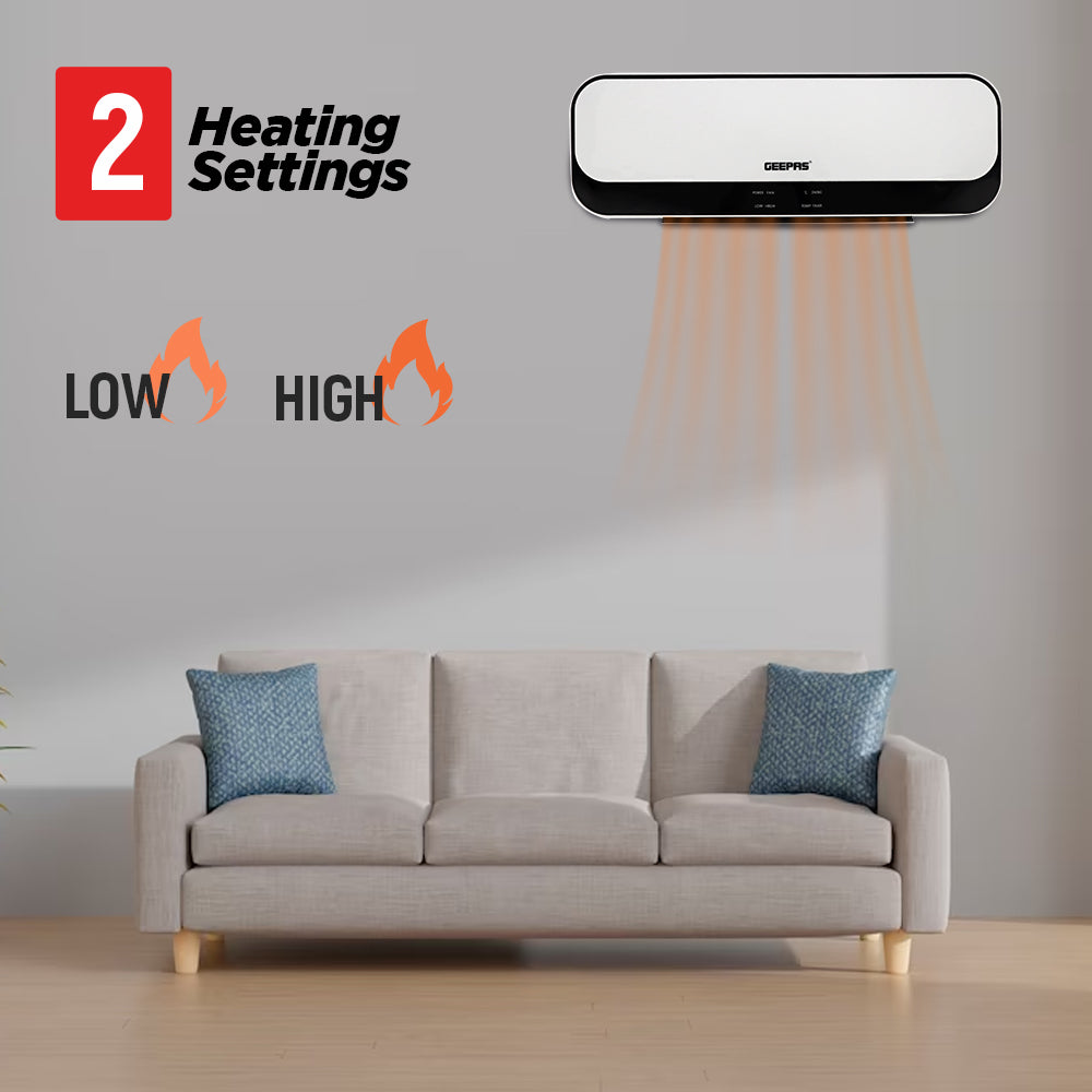 Geepas PTC Ceramic Wall Heater GWH28519 with 2000W power, 2 heat settings, remote control, LED display, 8-hour timer, and overheat protection for safe and efficient heating.