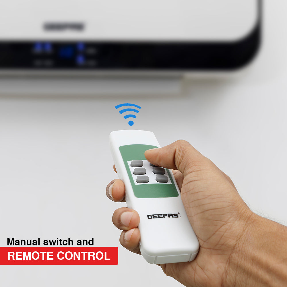 Geepas PTC Ceramic Wall Heater GWH28519 with 2000W power, 2 heat settings, remote control, LED display, 8-hour timer, and overheat protection for safe and efficient heating.