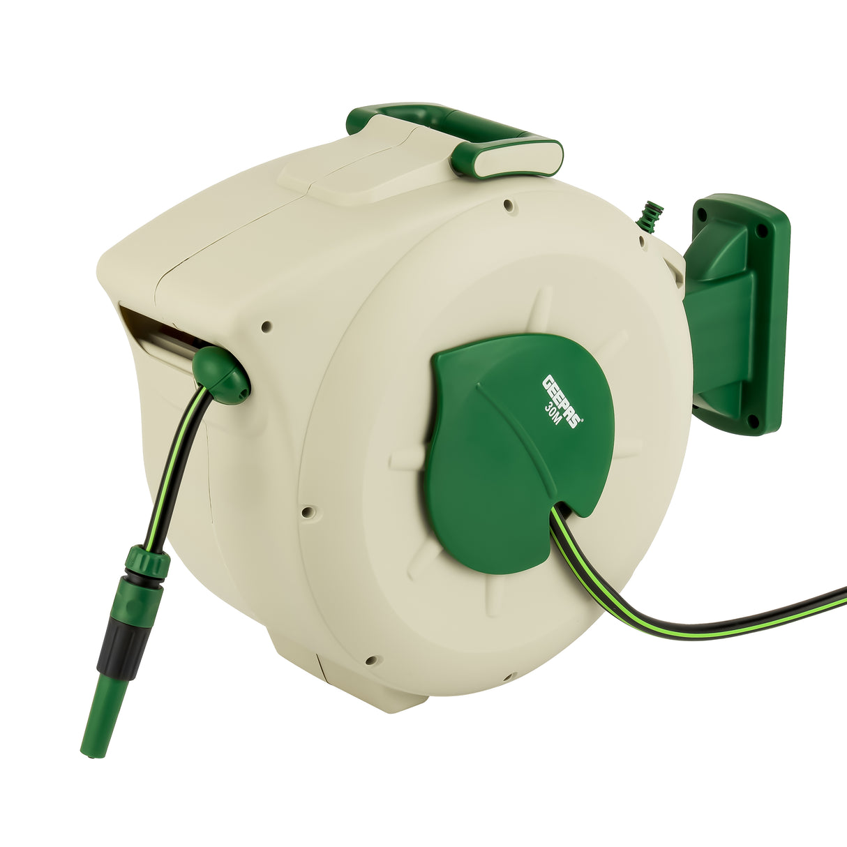 Geepas 30 M Auto Rewind Hose Reel- GWH59379| Stop Anywhere Lock Mechanism and Auto Retract Hose Reel| 180-Degrees Swivel Mount Bracket with Full Set Hand Spray