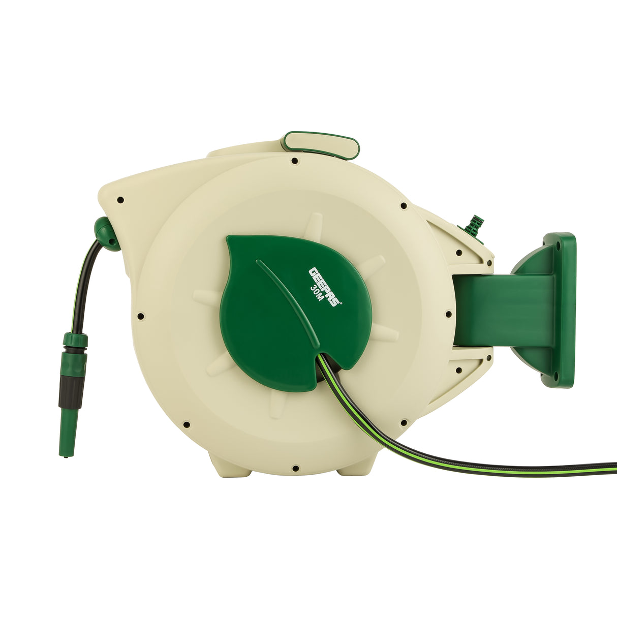 Geepas 30 M Auto Rewind Hose Reel- GWH59379| Stop Anywhere Lock Mechanism and Auto Retract Hose Reel| 180-Degrees Swivel Mount Bracket with Full Set Hand Spray