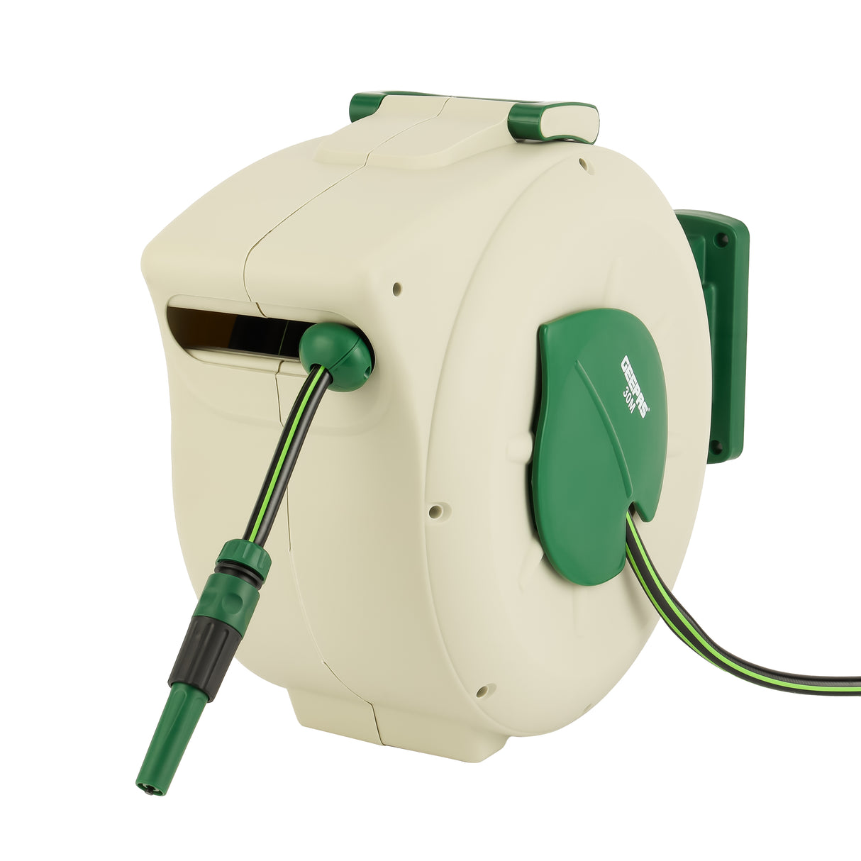 Geepas 30 M Auto Rewind Hose Reel- GWH59379| Stop Anywhere Lock Mechanism and Auto Retract Hose Reel| 180-Degrees Swivel Mount Bracket with Full Set Hand Spray