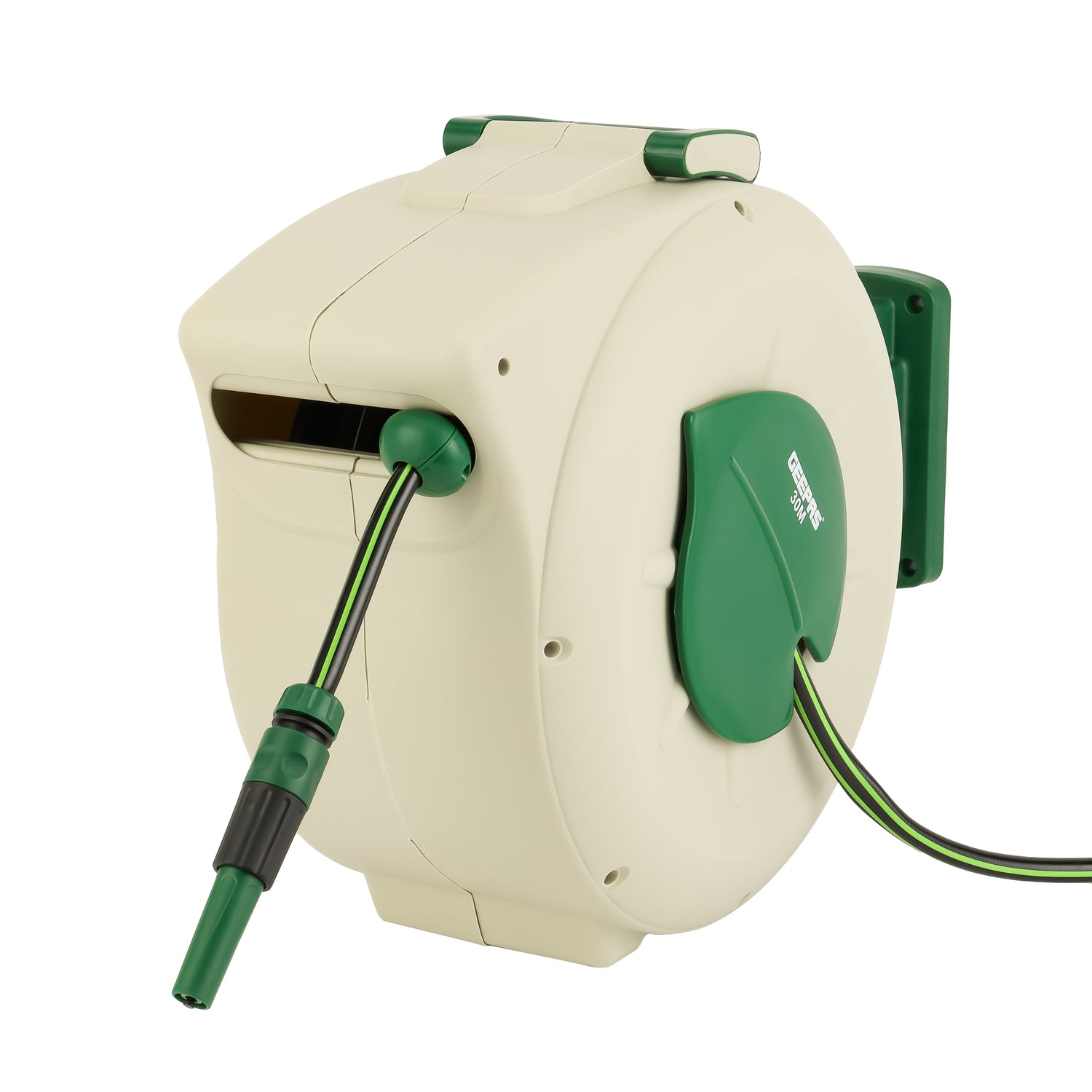 Geepas 30 M Auto Rewind Hose Reel- GWH59379| Stop Anywhere Lock Mechanism and Auto Retract Hose Reel| 180-Degrees Swivel Mount Bracket with Full Set Hand Spray