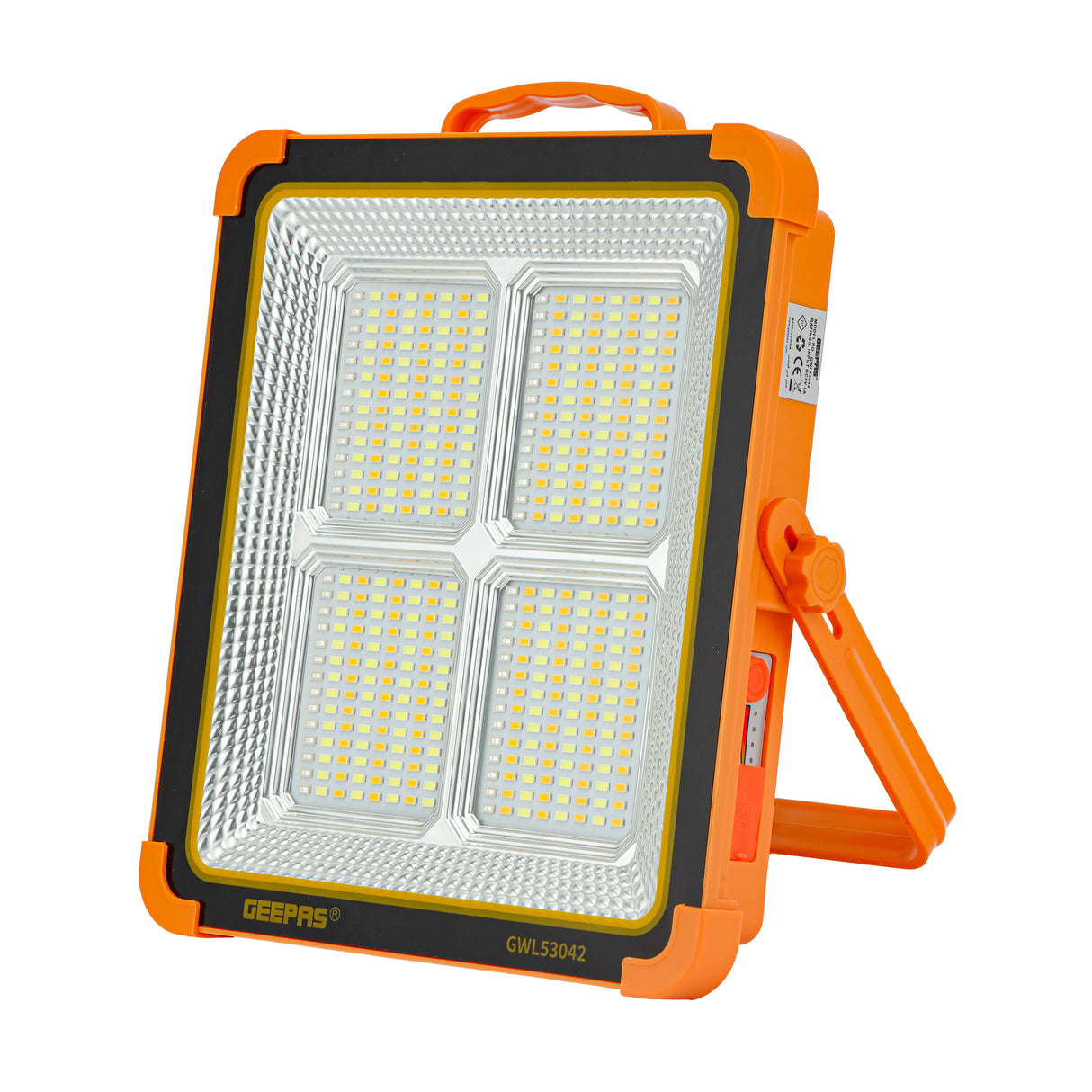 Geepas Rechargeable LED Work Light- GWL53042 | 448 LEDs, 1500lm with White, Warm, Blue & Red Lights | Solar Panel, Energy Saving, Durable, Orange Body | 2Year Warranty