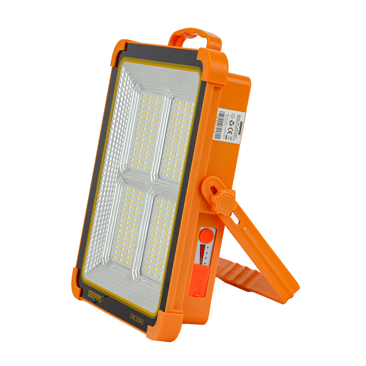 Geepas Rechargeable LED Work Light- GWL53042 | 448 LEDs, 1500lm with White, Warm, Blue & Red Lights | Solar Panel, Energy Saving, Durable, Orange Body | 2Year Warranty