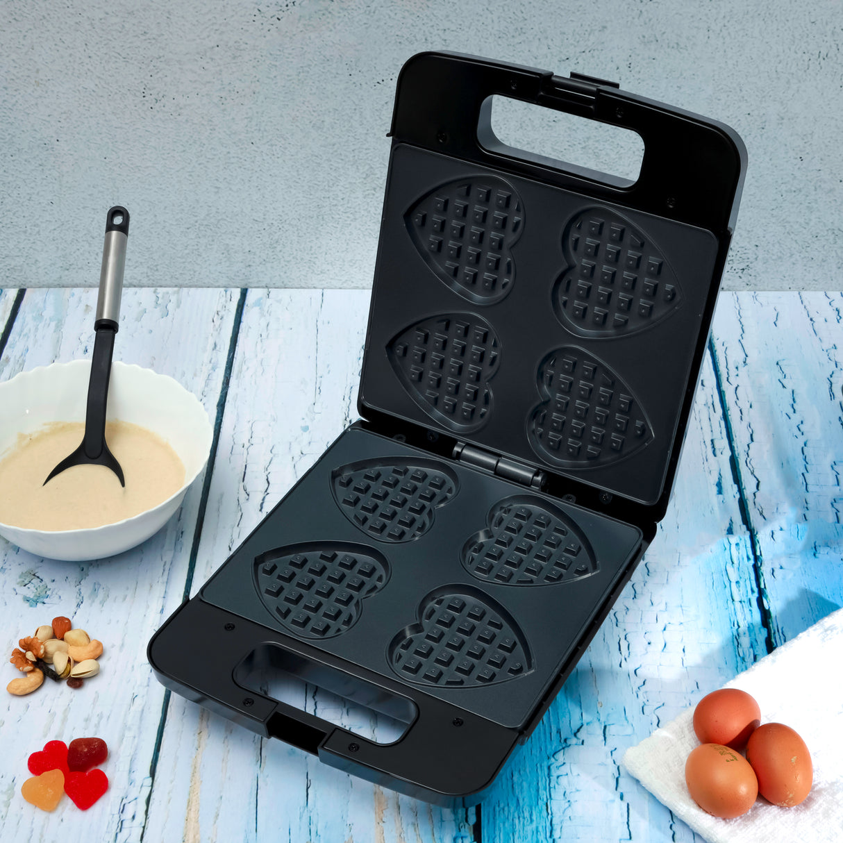 Geepas Heart Waffle Maker GWM36543 | 4 Slice Non-Stick Waffle Plate | 1400W Power | Cool Touch Housing | Easy to Clean Design | Overheat Protection | 2 Years Warranty