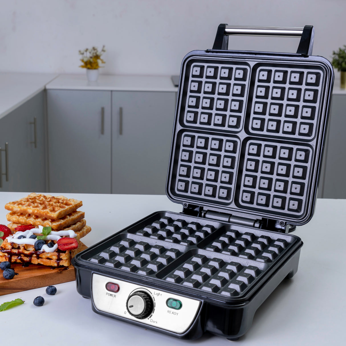 Geepas GWM5417 4-Slice Waffle Maker | 1100W Power| Adjustable Temperature Control | Non-Stick Cooking Plates| Cool-Touch Handle | Indicator Lights | 2 Years Warranty