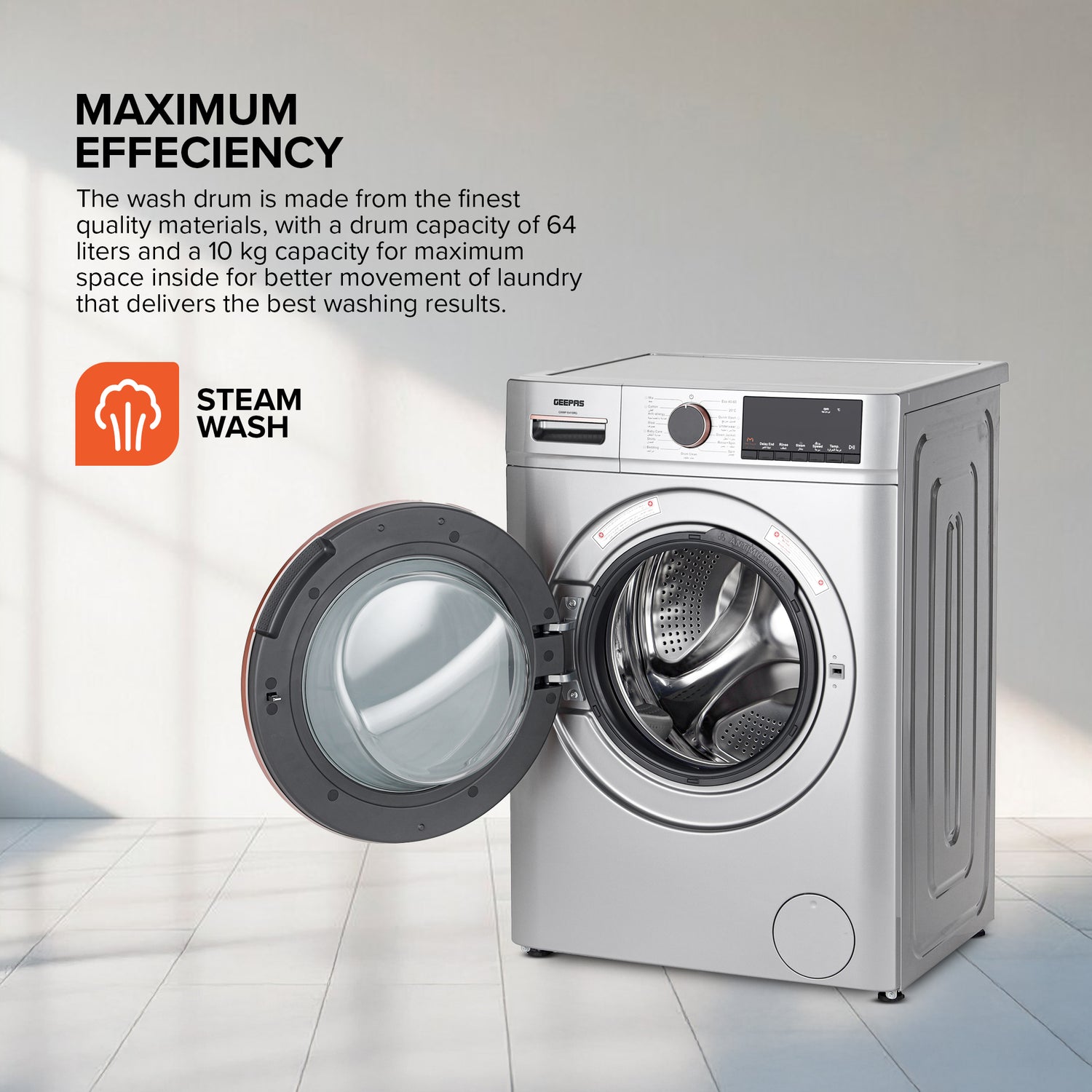 Geepas Front Load Washing Machine GWMF1041SRG | 10KG Capacity| Powerful Motor| Multiple Wash Programs| Energy Efficient Performance| Stylish Design|  1 Year Warranty