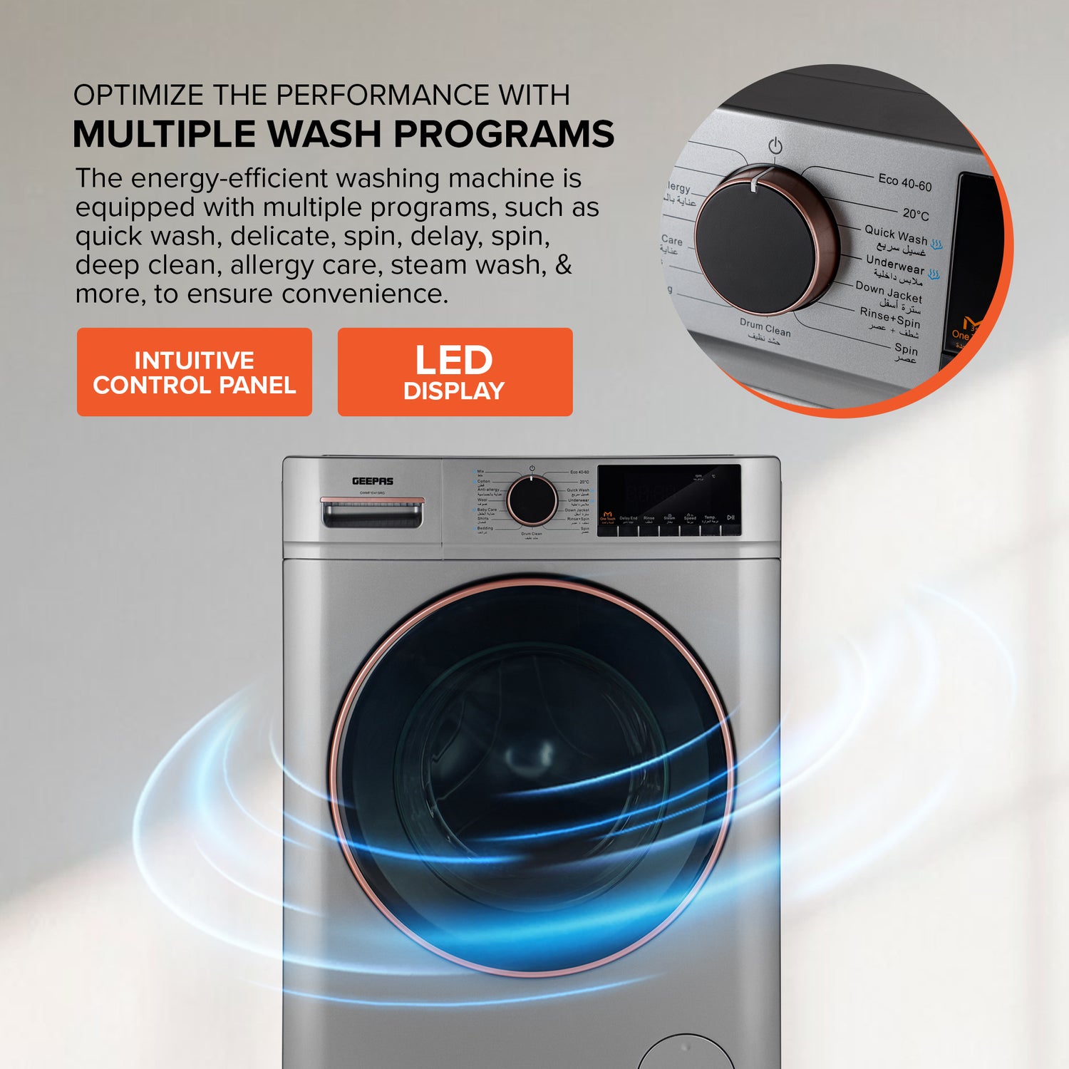Geepas Front Load Washing Machine GWMF1041SRG | 10KG Capacity| Powerful Motor| Multiple Wash Programs| Energy Efficient Performance| Stylish Design|  1 Year Warranty