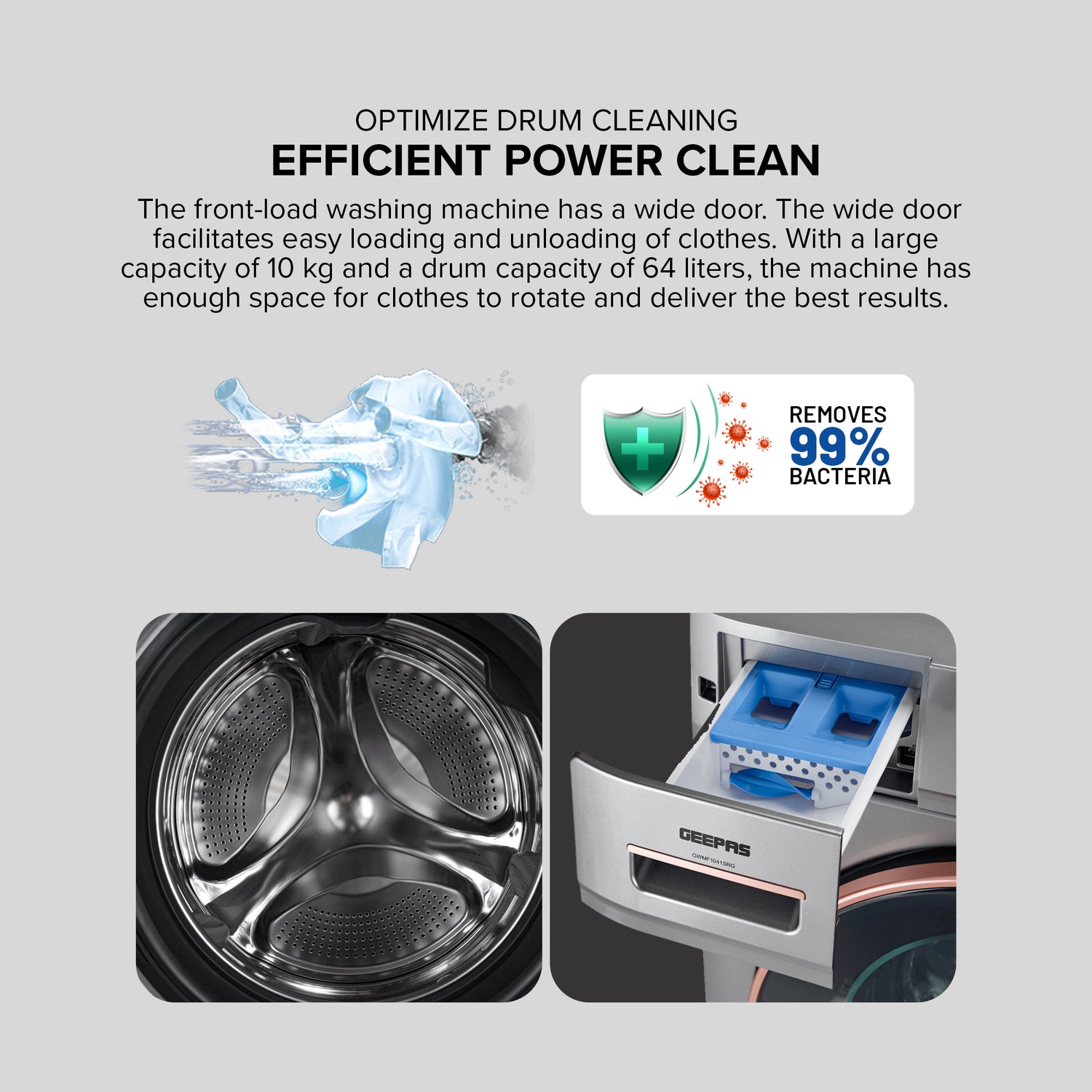 Geepas Front Load Washing Machine GWMF1041SRG | 10KG Capacity| Powerful Motor| Multiple Wash Programs| Energy Efficient Performance| Stylish Design|  1 Year Warranty