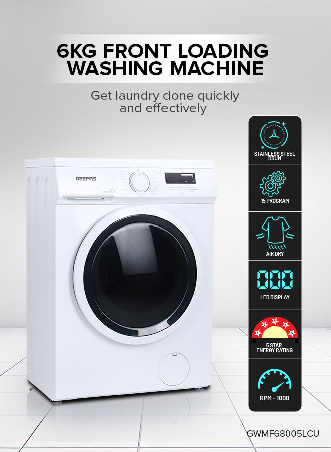 Geepas GWMF68005LCM Front Loading Washing Machine | 6kg Capacity | 1000 RPM |        15 Wash Programs | LED Display | Energy Efficient Performance |  1 Year Warranty