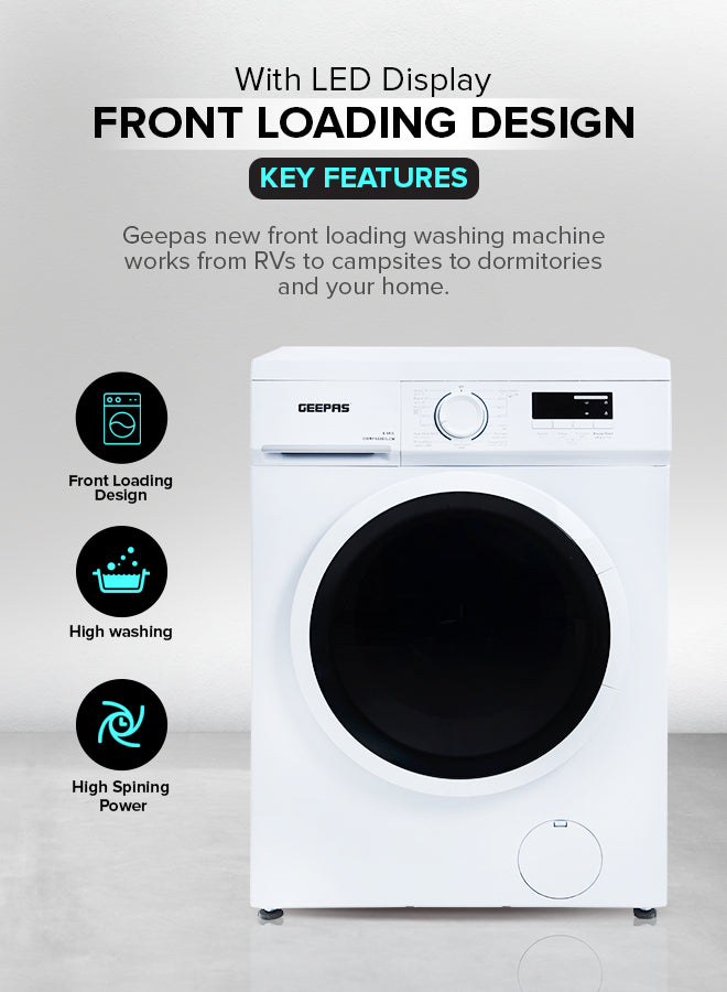 Geepas GWMF68005LCM Front Loading Washing Machine | 6kg Capacity | 1000 RPM |        15 Wash Programs | LED Display | Energy Efficient Performance |  1 Year Warranty