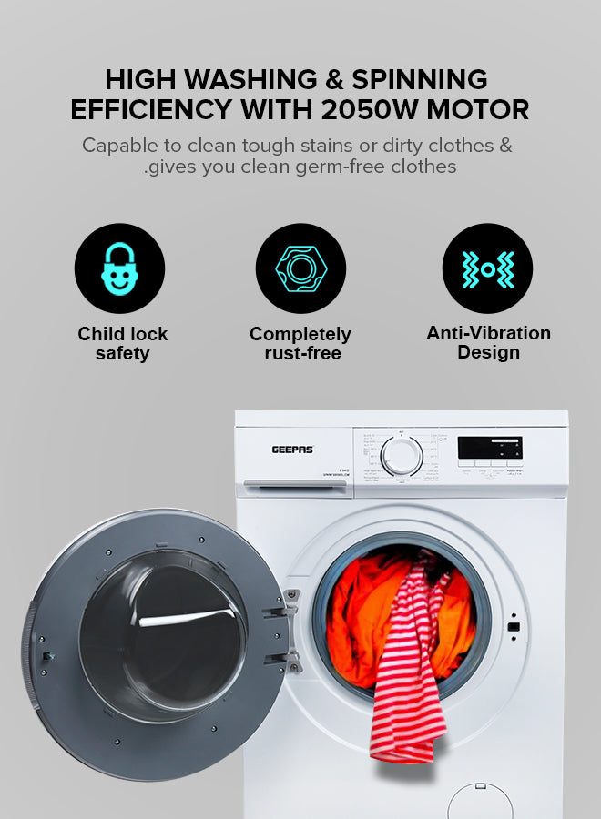 Geepas GWMF68005LCM Front Loading Washing Machine | 6kg Capacity | 1000 RPM |        15 Wash Programs | LED Display | Energy Efficient Performance |  1 Year Warranty
