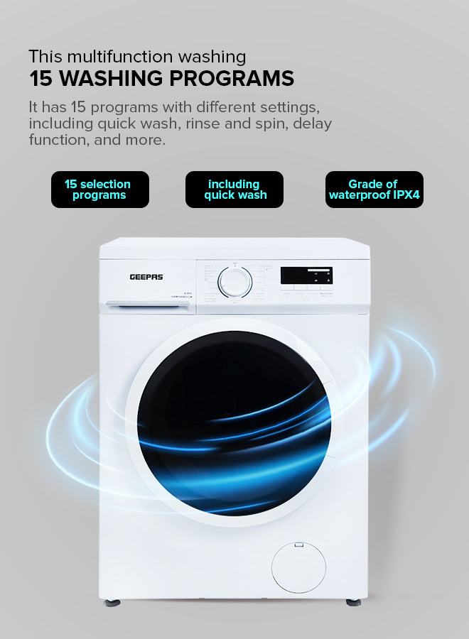 Geepas GWMF68005LCM Front Loading Washing Machine | 6kg Capacity | 1000 RPM |        15 Wash Programs | LED Display | Energy Efficient Performance |  1 Year Warranty