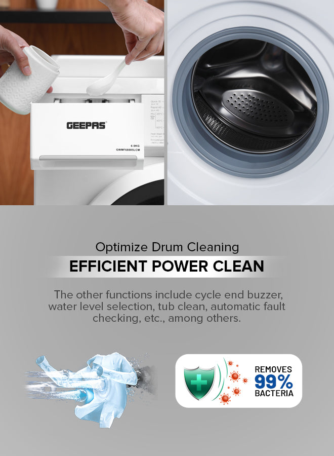 Geepas GWMF68005LCM Front Loading Washing Machine | 6kg Capacity | 1000 RPM |        15 Wash Programs | LED Display | Energy Efficient Performance |  1 Year Warranty