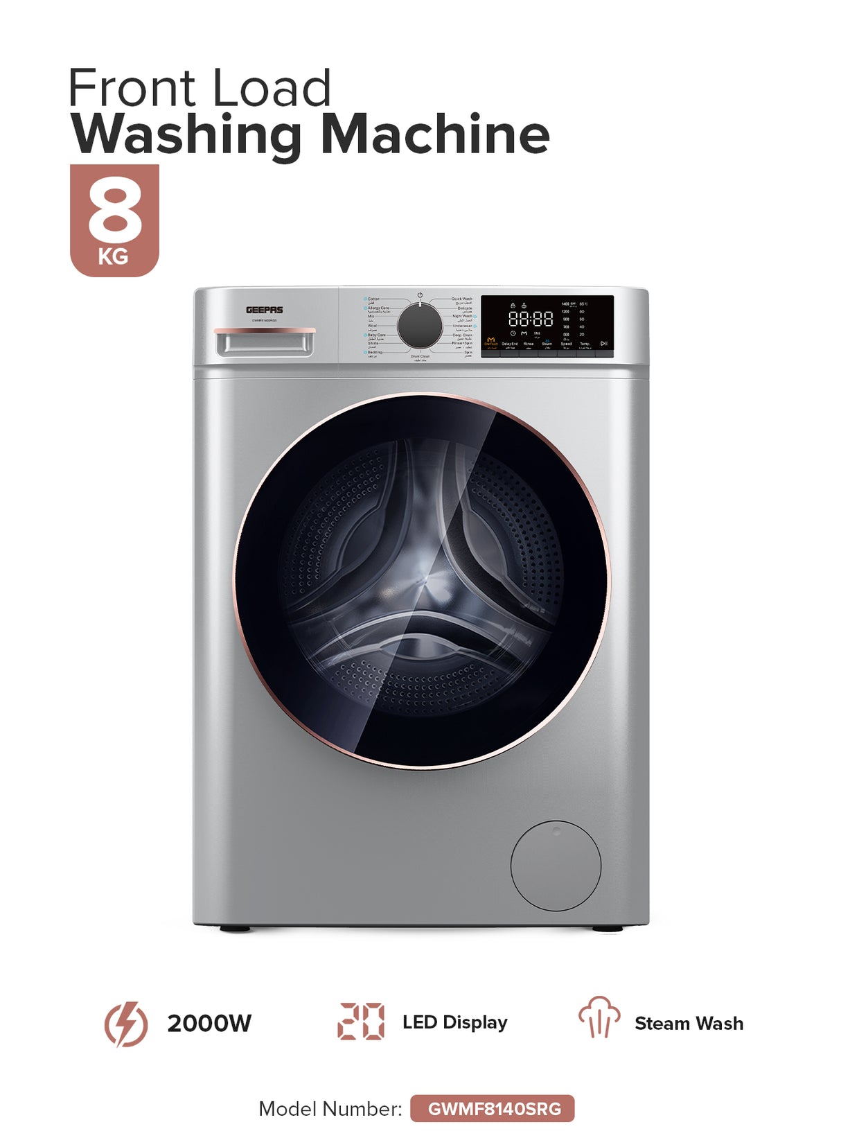 Geepas Front Load Washing Machine- GWMF8140SRG/ Fully Automatic/ LED Display, 8 kg Capacity and 54 L Drum Capacity/ Metallic Grey, 1 Year Warranty
