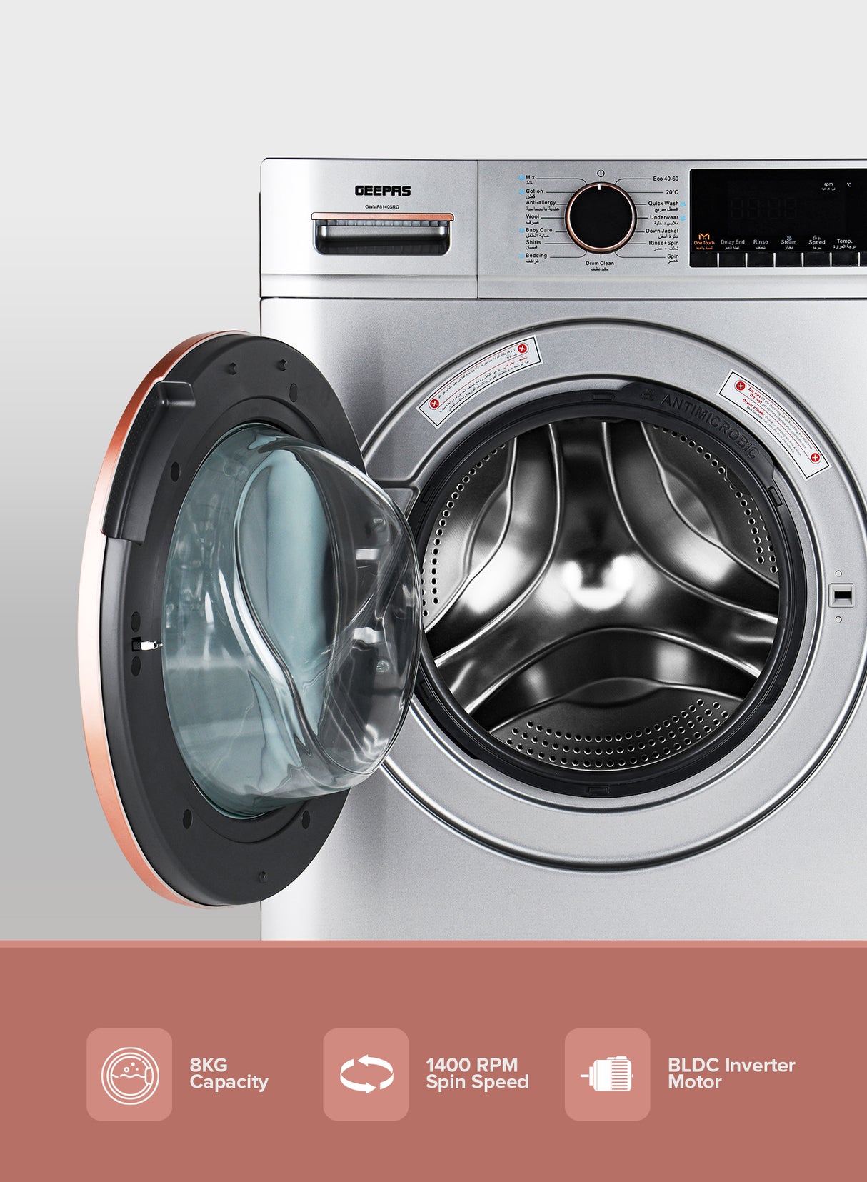 Geepas Front Load Washing Machine- GWMF8140SRG/ Fully Automatic/ LED Display, 8 kg Capacity and 54 L Drum Capacity/ Metallic Grey, 1 Year Warranty